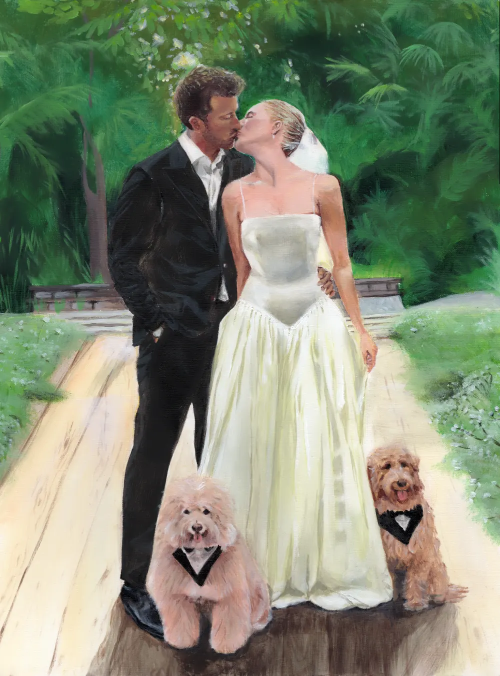 Wedding Painting with 2 dogs photorealistic by Karra Hong Wedding Painter in Orange County California