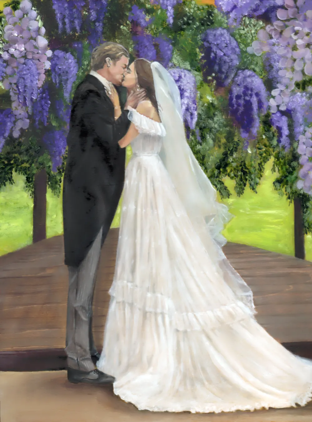 Beautiful Wedding Captured on Wood Canvas by Karra Hong Live Wedding Painter Orange County, CA