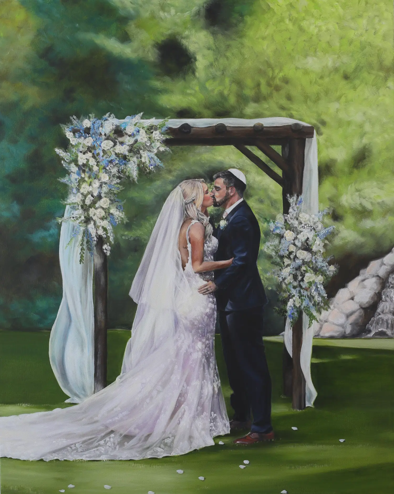Bride and groom under floral arch. Live Wedding Painter Lake Arrowhead August 2026